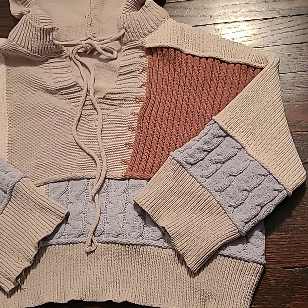 POL Color Block Multi-texture V-neck Knit Hooded Sweater Wmn L Oversized Slouchy - Picture 5 of 16